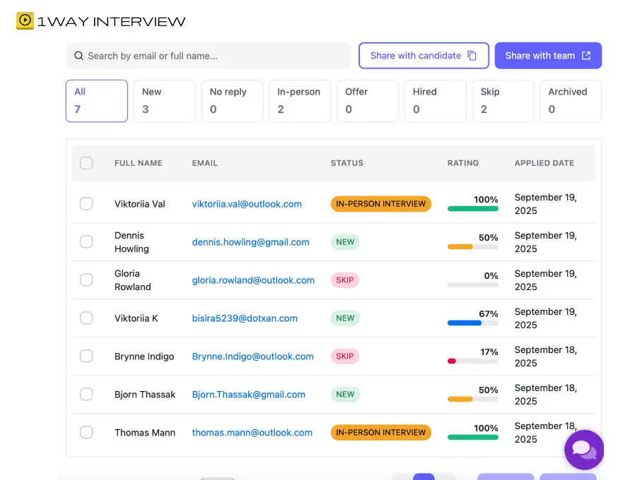 1WayInterview Dashboard Interface