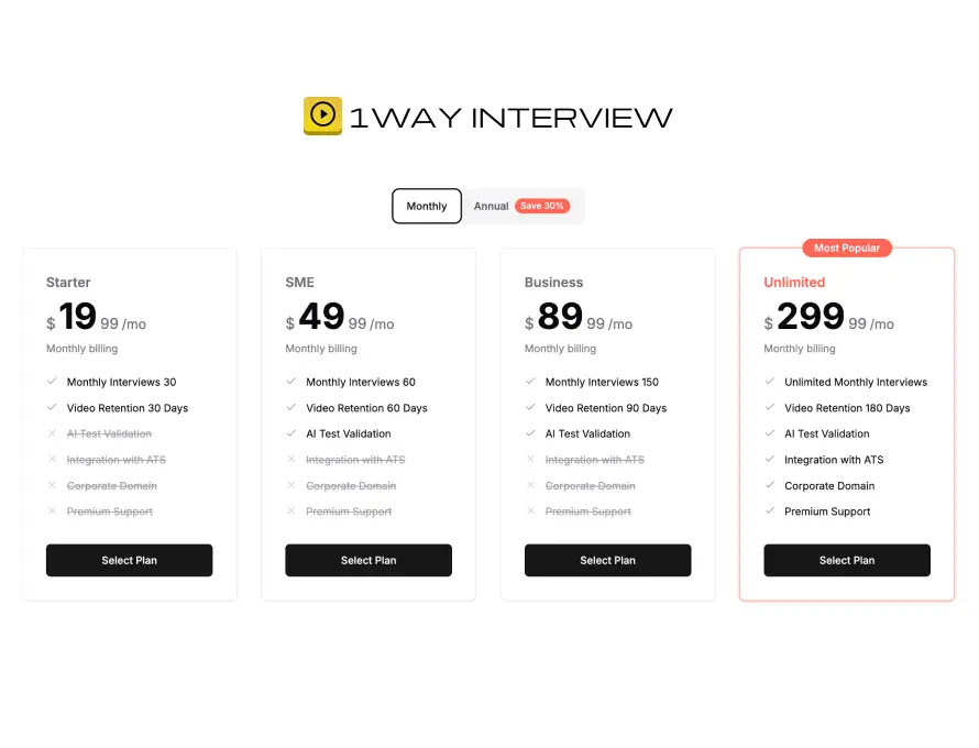 1WayInterview Pricing Plans